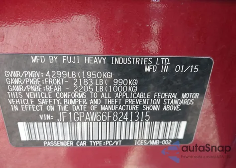 2015 Subaru Impreza 2.0I Sport Limited z USA, uszkodzony, nr VIN JF1GPAW66F8241315